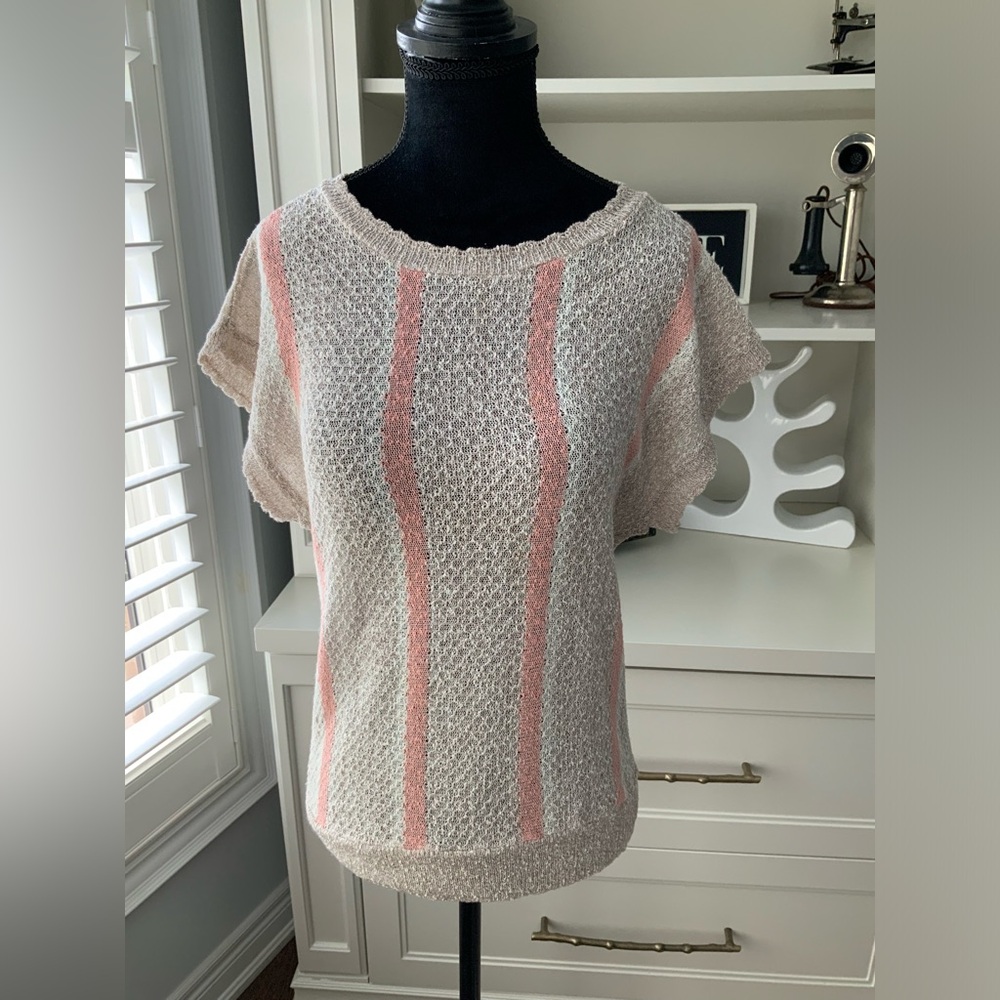 Vintage 90’S EN VOGUE Knitted Beige Pink Short Sleeve Top Shirt Size Medium